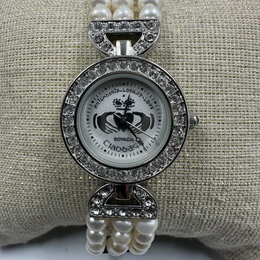 Rovada Claddagh Watch Women Silver Tone Faux Pearl Band Rhinestones New Battery
